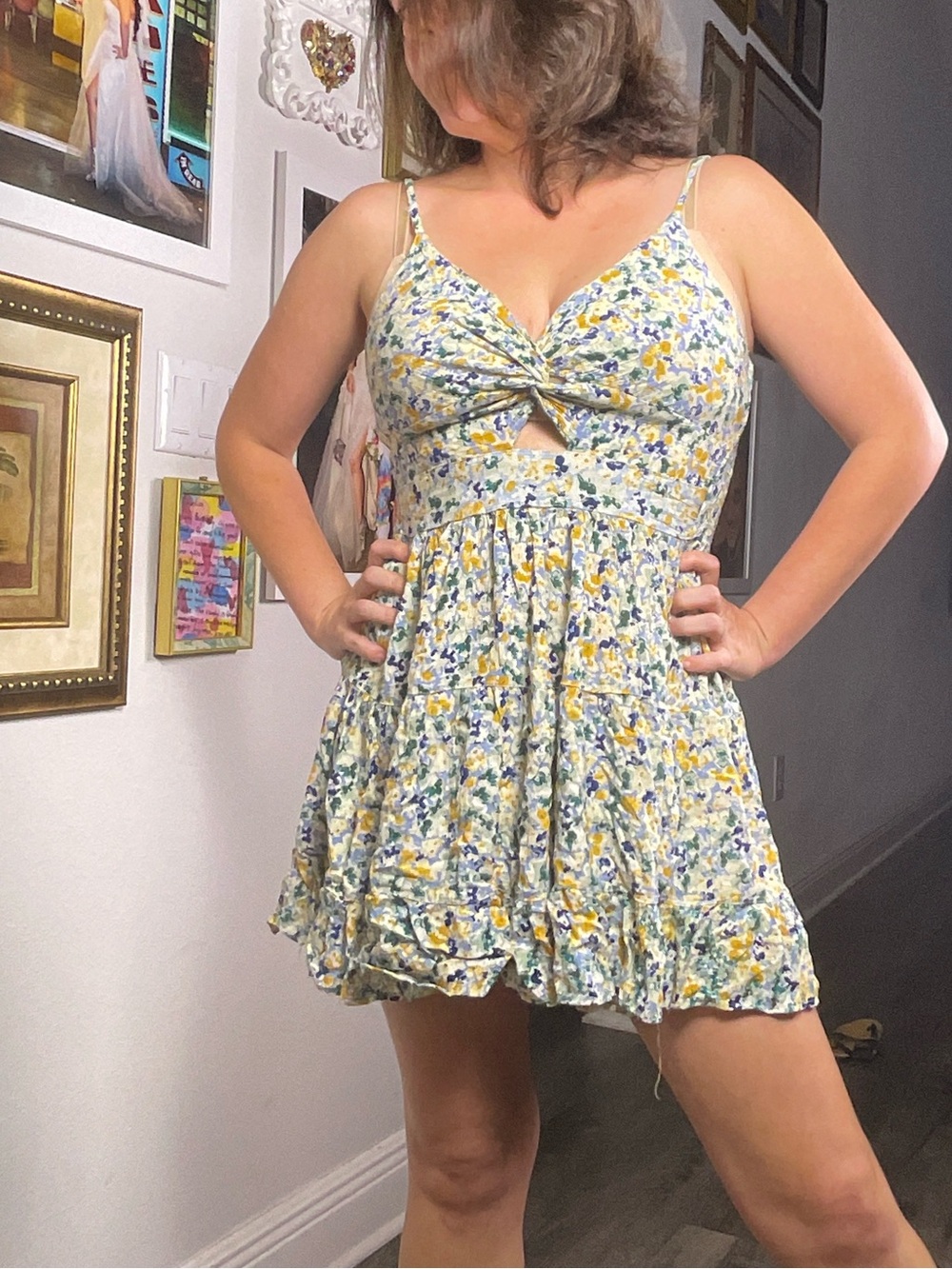 Angie boho floral tiered mini sundress size large rayon keyhole babydoll a-line - Picture 5 of 11